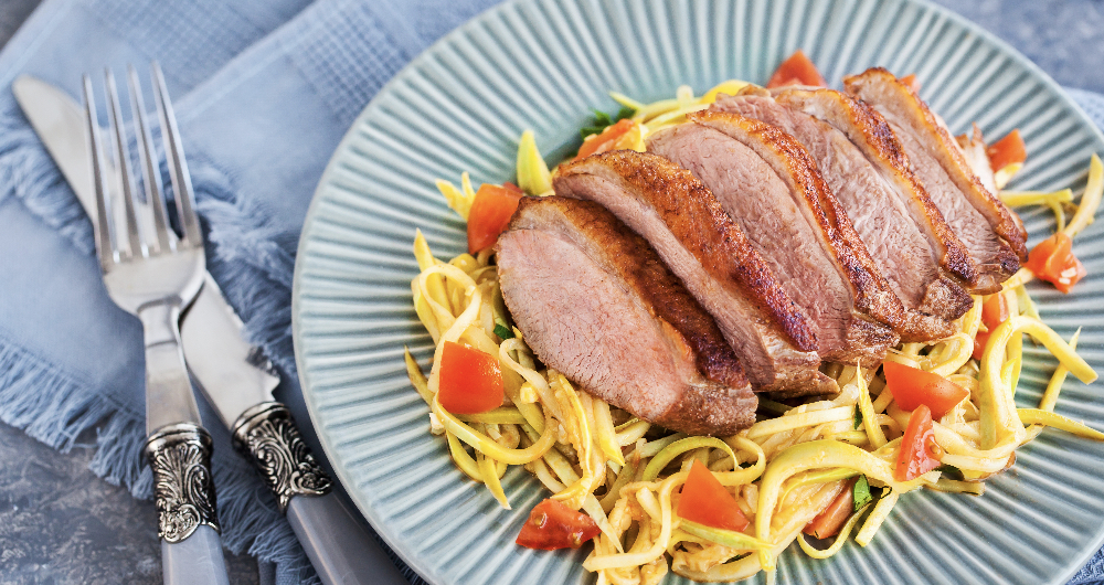 Duck breast with zucchini noodles, low carb meal